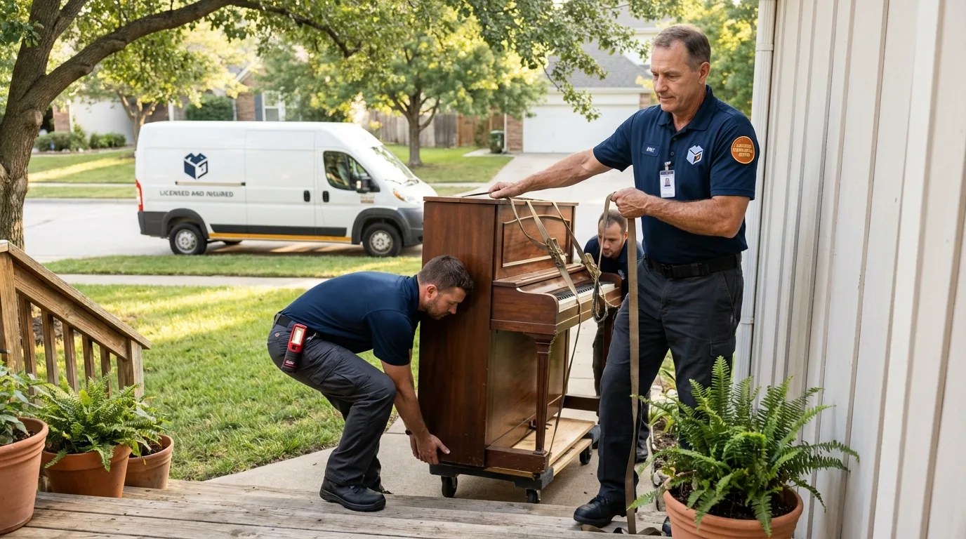 Licensed piano movers securing grand piano in Indianola, WA