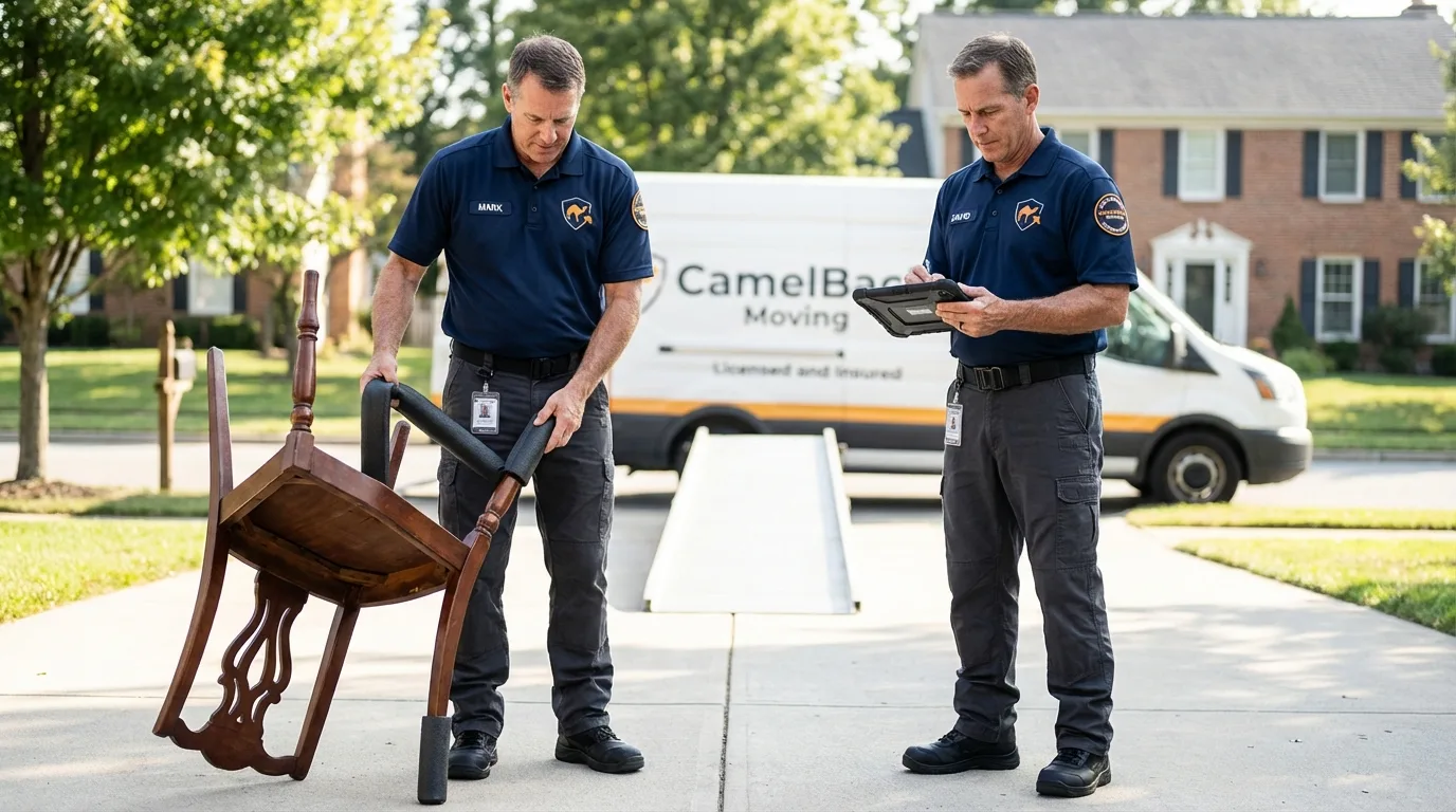 Movers inspecting furniture for damage prevention before loading in Indianola, WA
