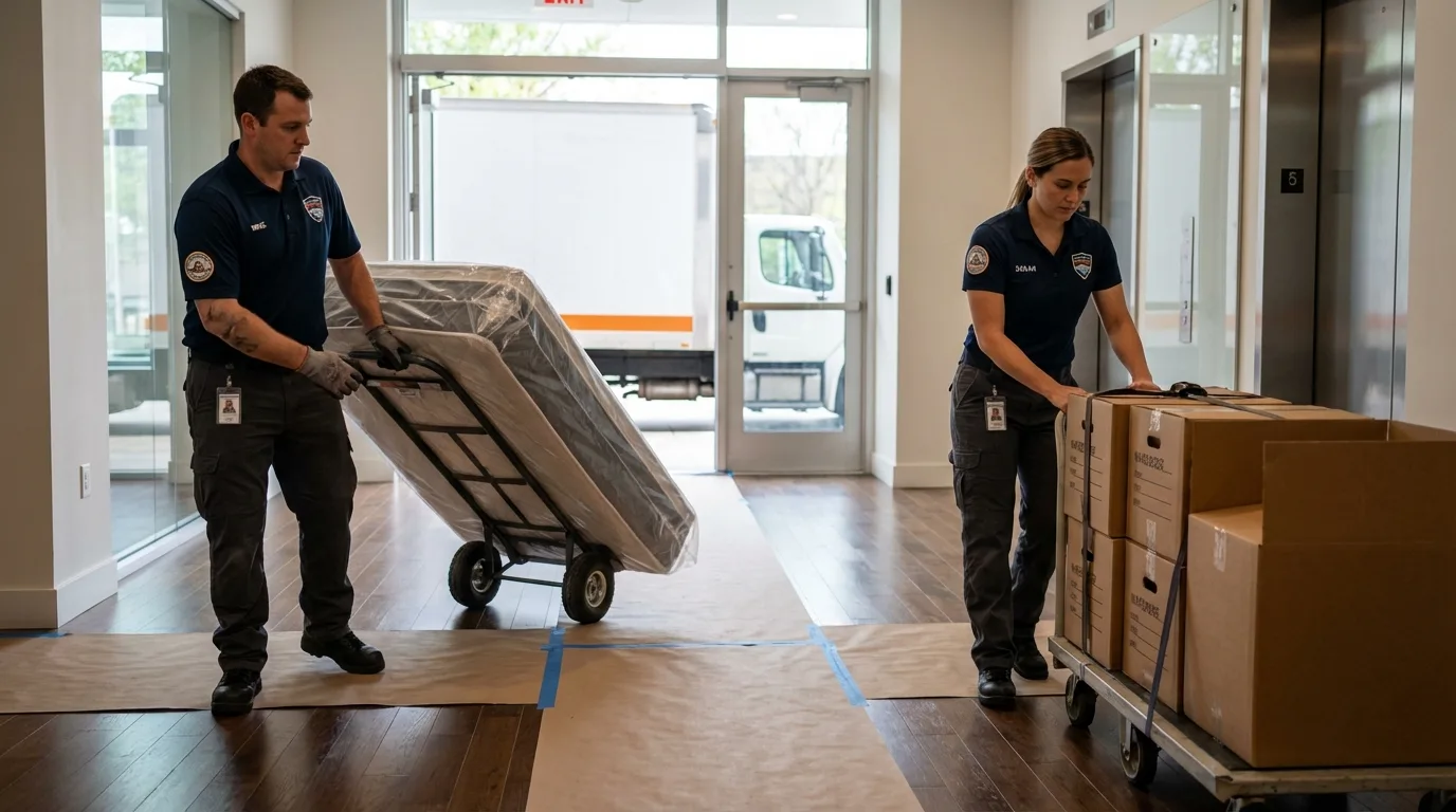 Professional apartment movers loading elevator in Indianola, WA