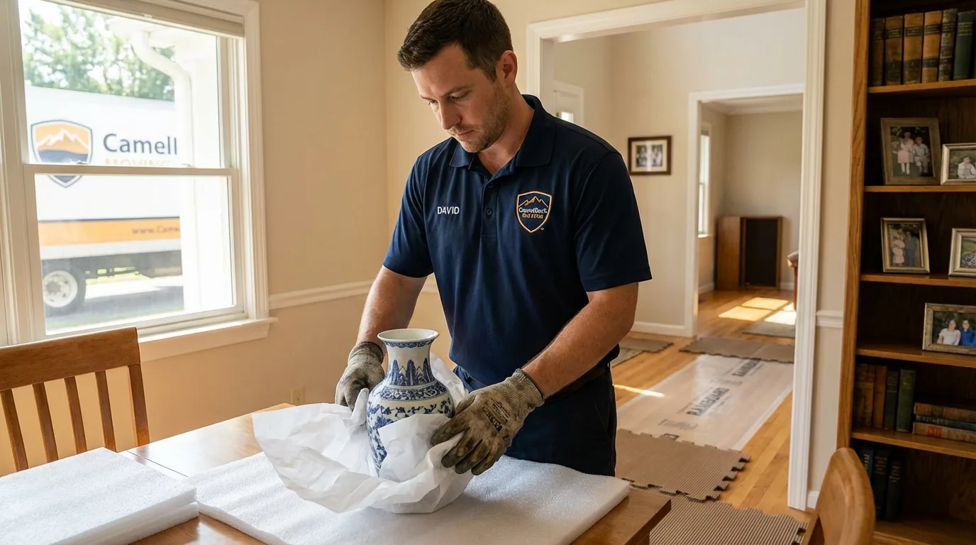 Professional crew carefully wrapping antique vase for senior downsizing move in Indianola, WA