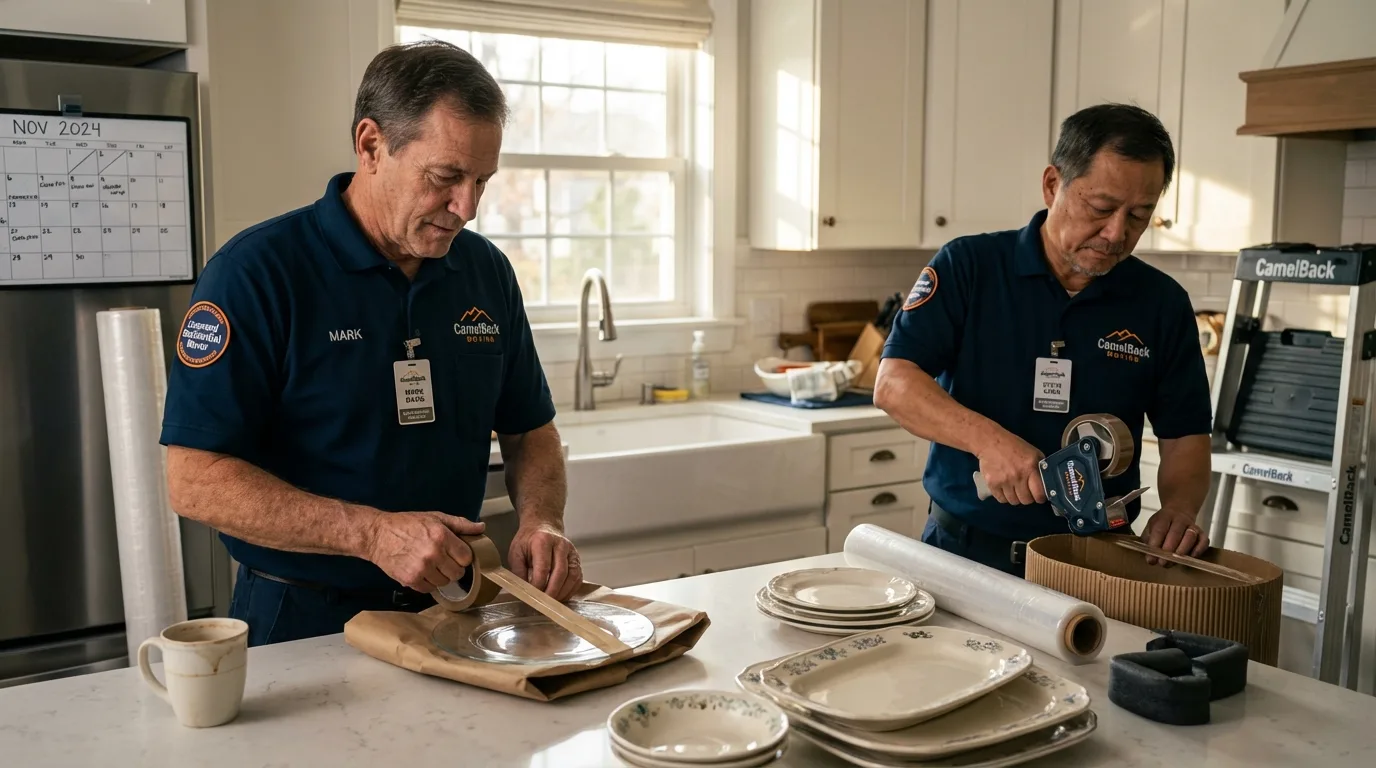 Professional crew packing kitchen dishware in Indianola, WA